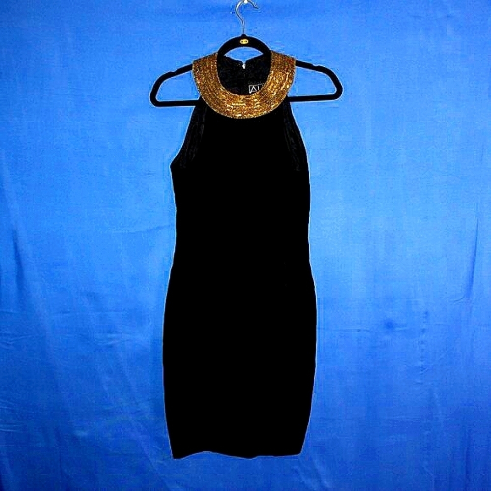 Vintage Alex Evenings Petite Black Velvet Dress - Gold Beaded Collar - Made in U